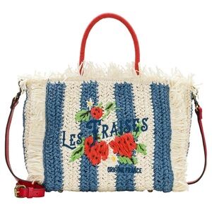 Patricia Nash Blue & White Striped Woven Tote with Red Floral Embroidery